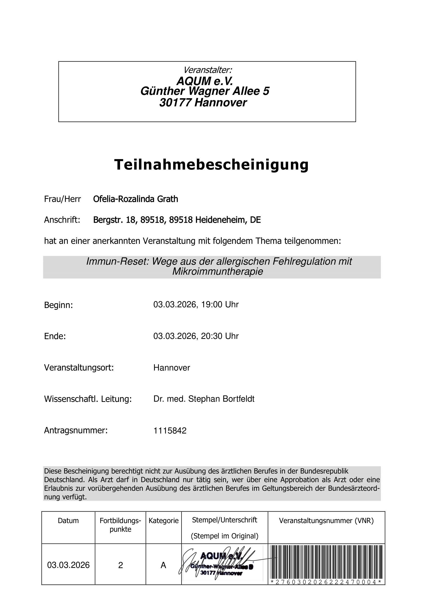 Fortbildung: Immun-Reset Mikroimmuntherapie, 2026